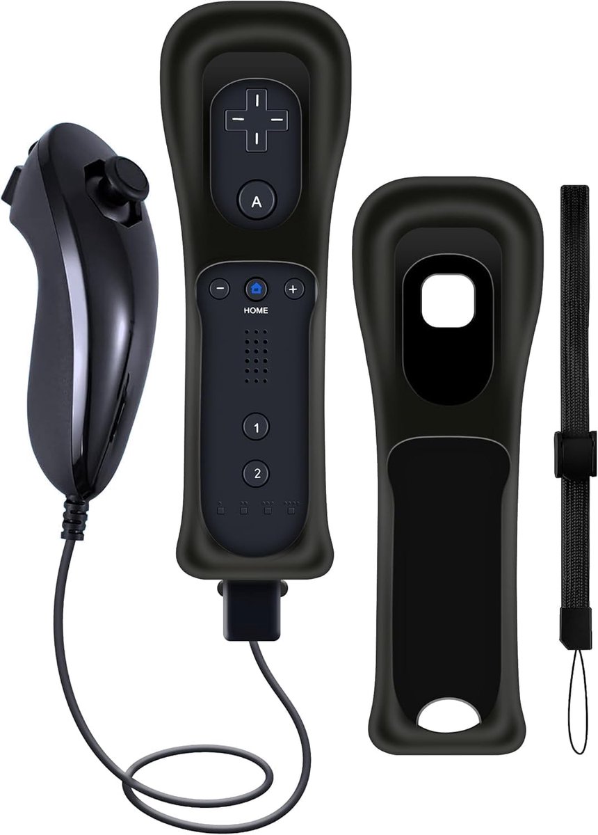 (1 set, 4 stuks, zwart) vervangende afstandsbedieningsset voor Nintendo Wii/Wii U-consoles met Motion Plus, 1 stuk (afstandsbedieningen + analoge joysticks + siliconen hoes + polsband)