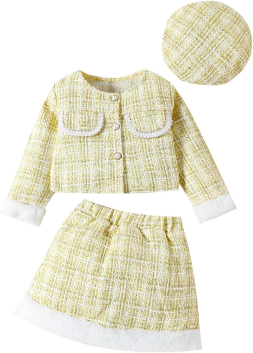 Babykleding voor meisjes, herfstkleding, plaid tweed patroon, top, plaid, rok, baret voor baby's
