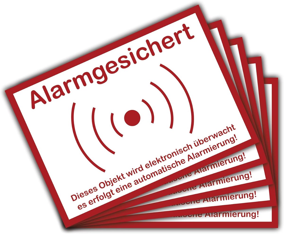 5 stuks Let op: dit object is beveiligd met een alarm in A6-alarminstallatie, 14,8 x 10,5 cm, sticker met uv-bescherming voor binnen en buiten