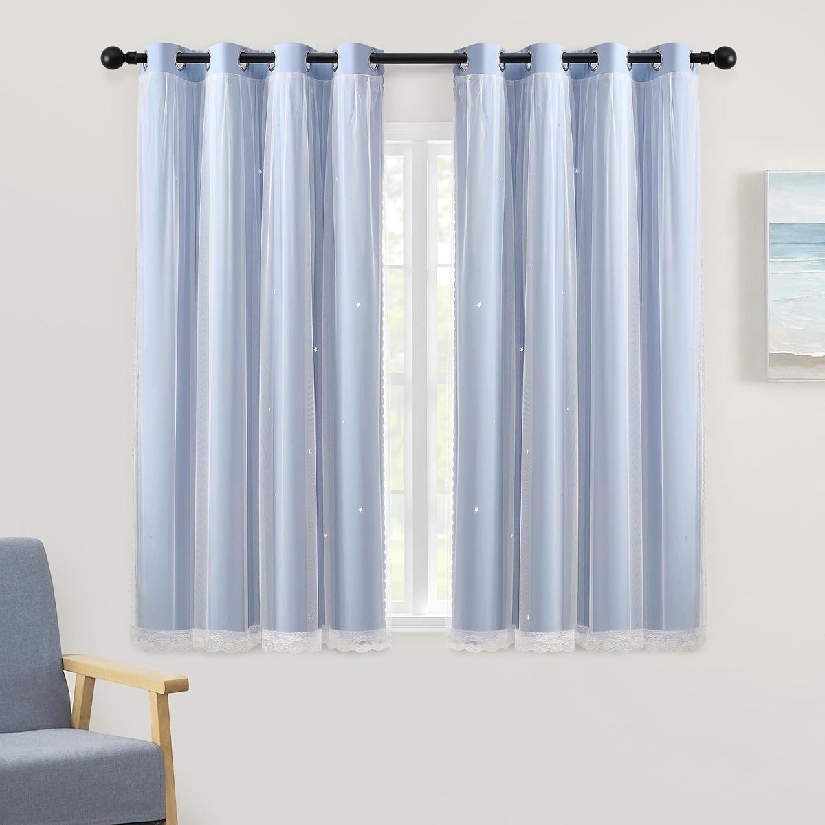 Verduisteringsgordijn voor slaapkamer dubbellaags 132 x 160 cm van polyester met voile sterrendesign schuifdeur meerkleurig lichtblauw/132/160