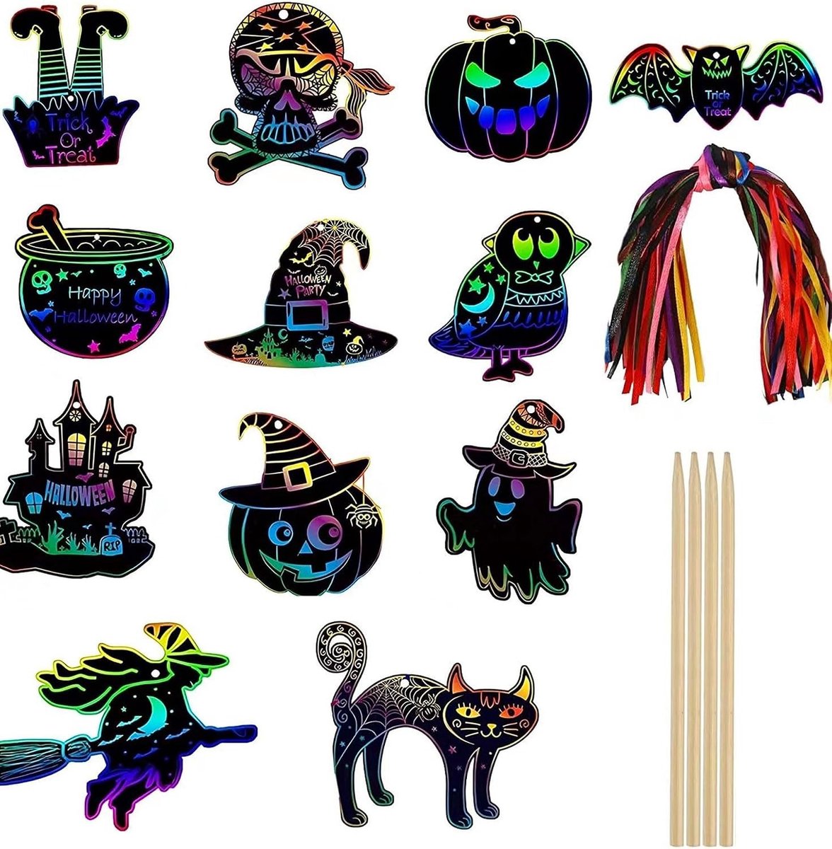 12 stuks Halloween scratch art set, kunstenaarsset met kras en winnen met houten stift en gekleurde riem, voor Halloween-decoratie, doe-het-zelf, handwerk, geschenken, stijl B