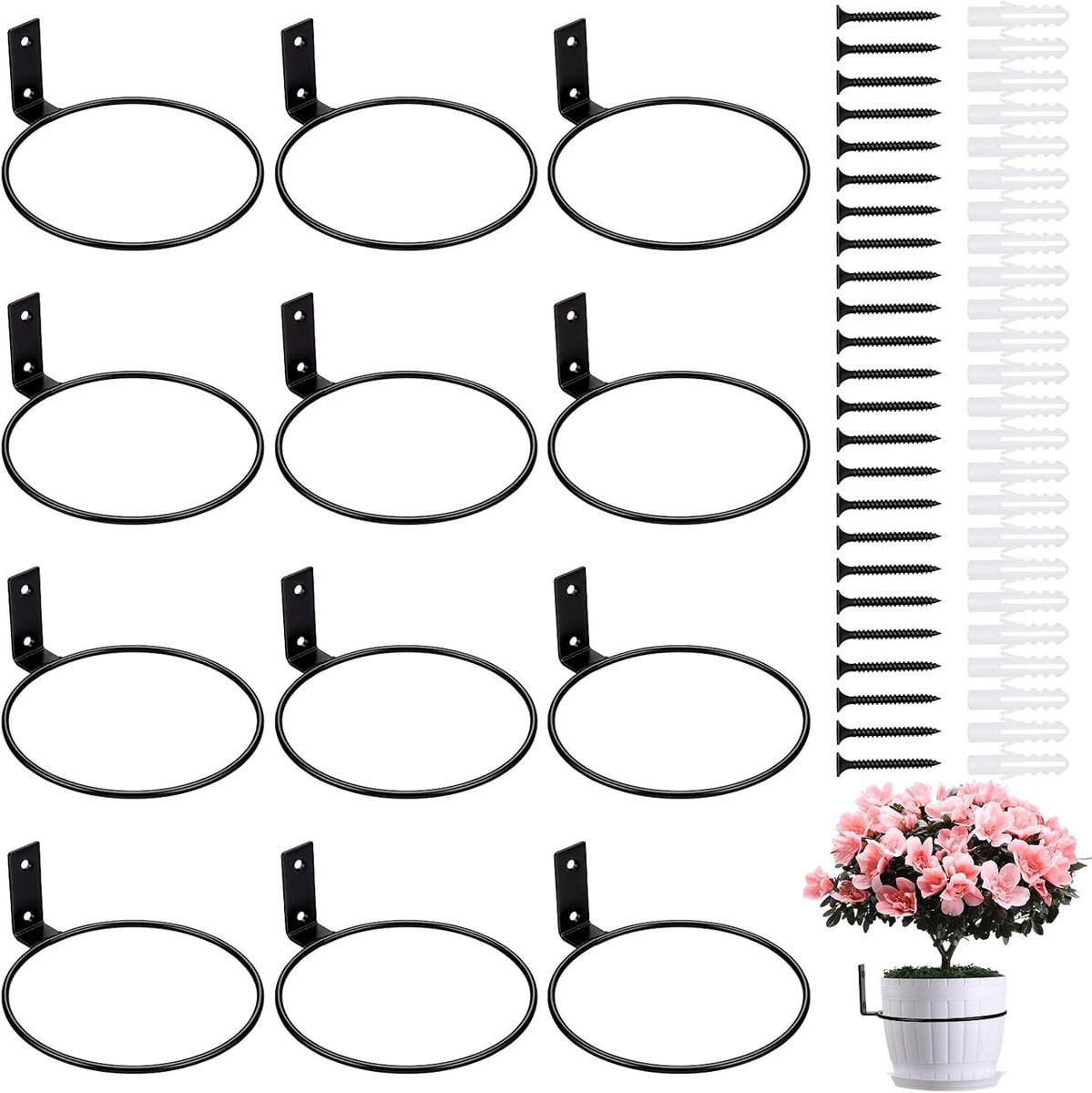 12 ringen bloempothouder 16 cm metalen bloembakhouder hangende houder voor binnen- en buitenplanten zwart met schroeven voor huis tuin binnen en buiten potten