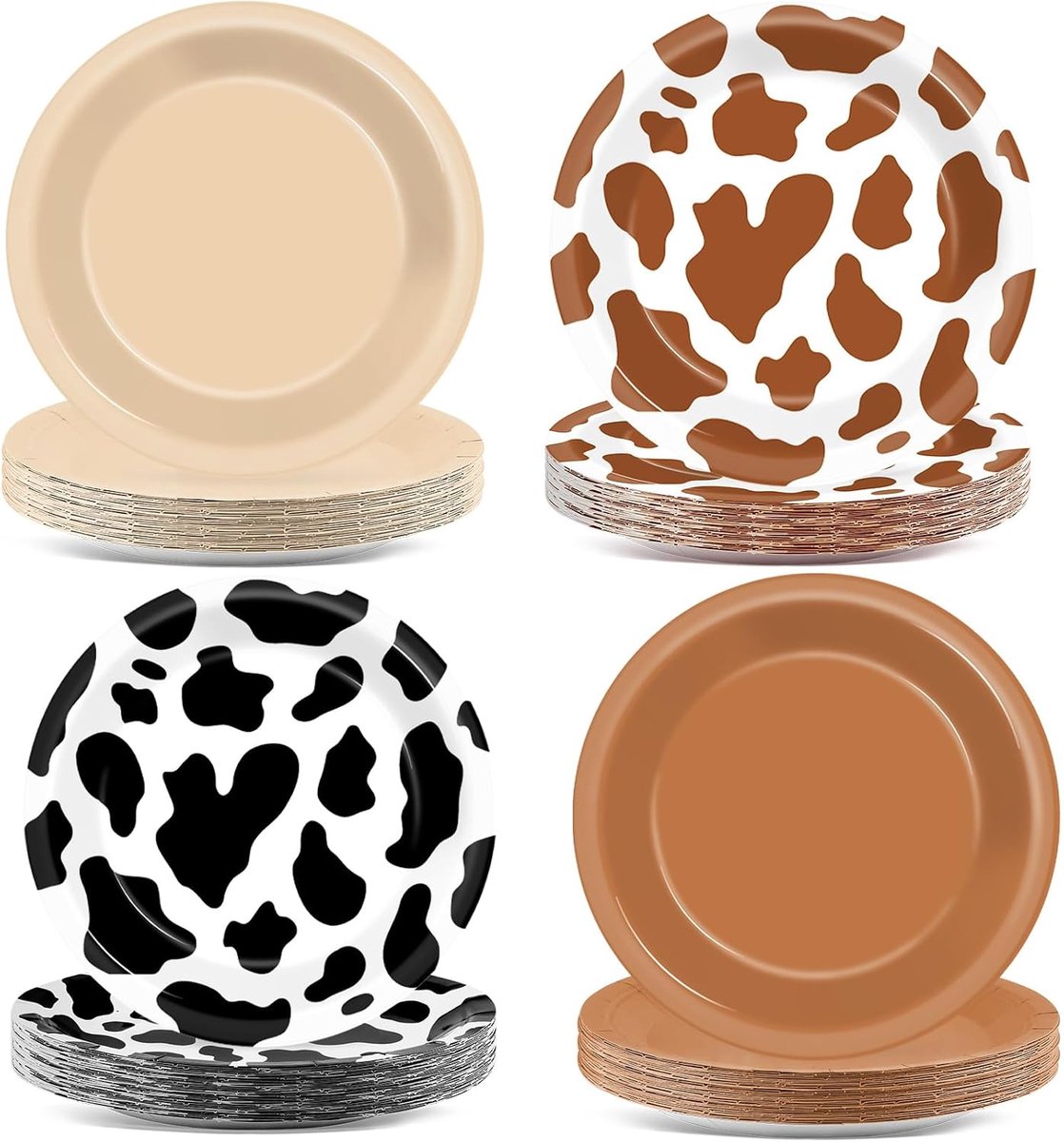 Partyborden - 40-delige Set Wegwerp Papieren Dessertborden - 18 cm - Koeienprint - Geschikt voor Westers Boerderij-thema Verjaardag en Babyborrel - 4 Kleuren - 40 Stuks