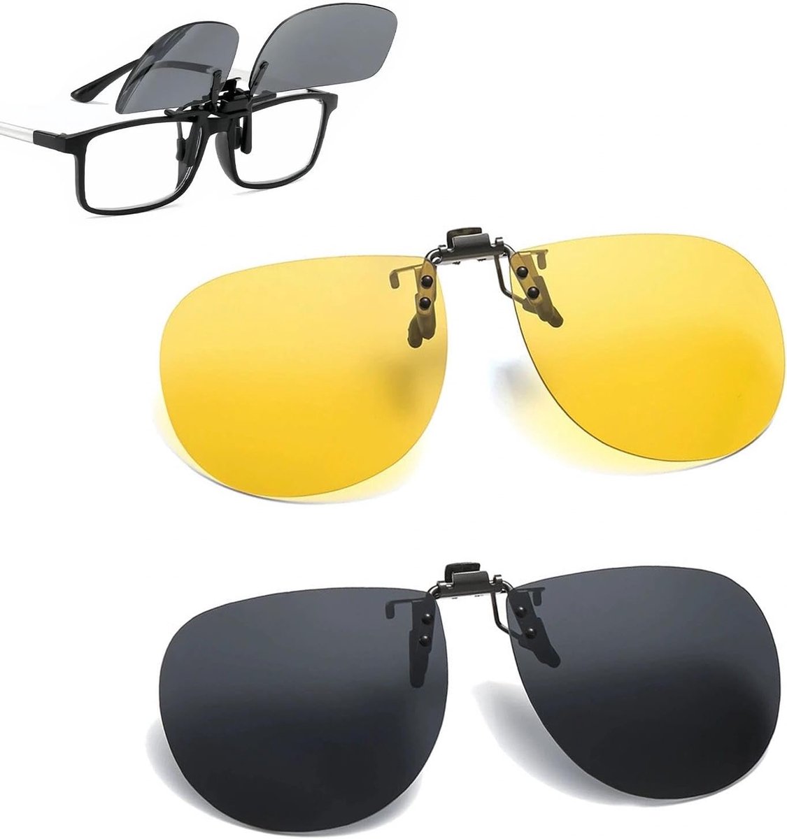 Set van 2 clip-bril voor nachtrijden, clip-on zonnebril voor heren en dames, gepolariseerd, clips, zonder frame, geel, anti-verblinding, voor vissen, skiën, hardlopen (zwart, geel)