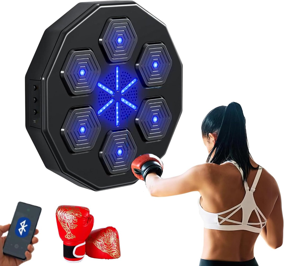 Boksmachine, Muzikale Boksen Machine, PU-Wandbokstrainingsapparatuur, LED-Bokspad met Bokshandschoenen, Bluetooth, Verlichting Op Het Ritme van Muziek.