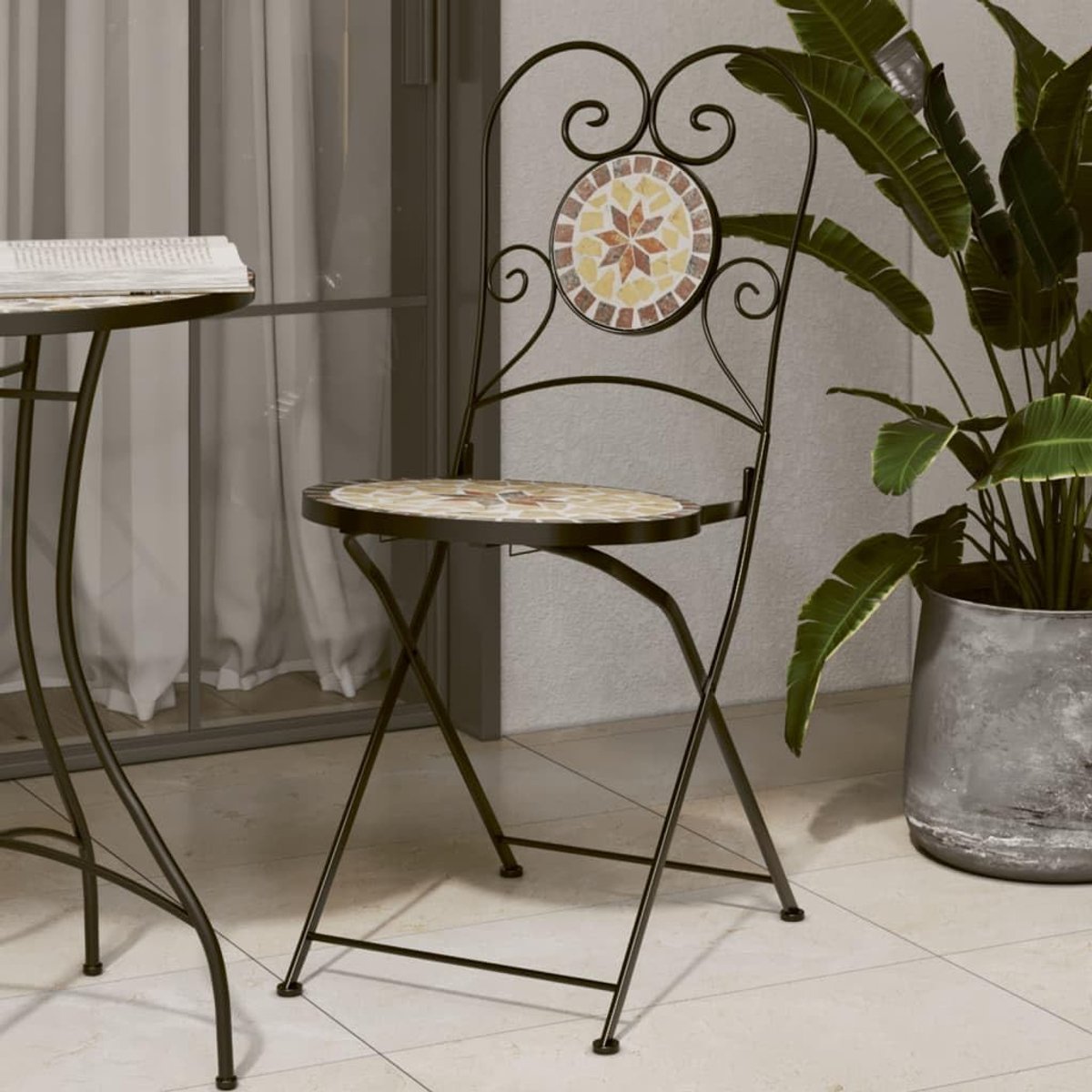 2 stuks bistrostoelen met mozaïekpatroon, 2 stuks, terracotta-wit, keramische stoelen, gepoedercoat ijzeren frame voor tuin en terras, belastbaar tot 110 kg