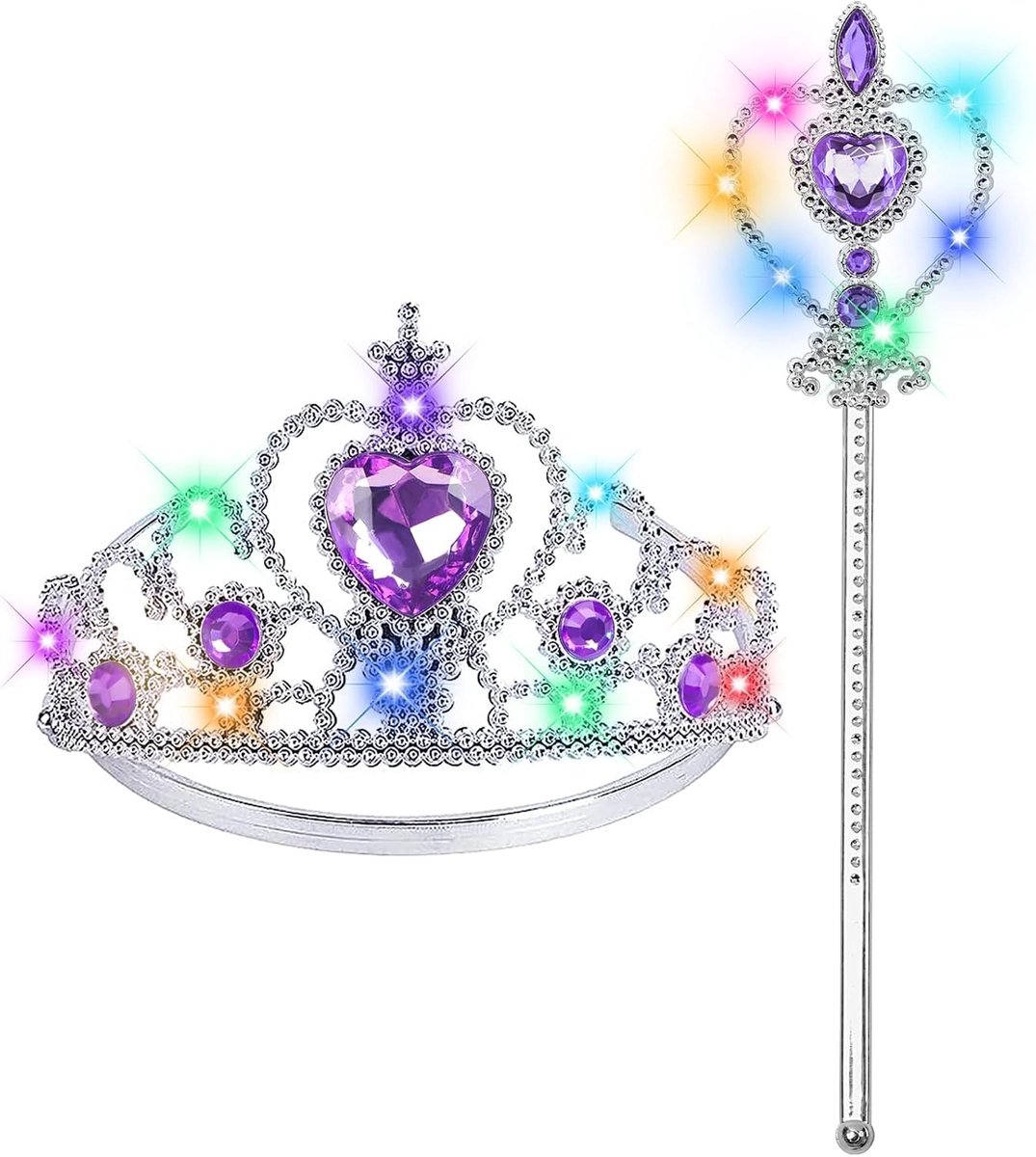 2 stuks prinsessenaccessoires voor meisjes met led-kroon en toverstaf, prinsessentiara, prinsessentiara, prinsessentiara, prinsessenverkleedaccessoires voor Halloween, carnaval