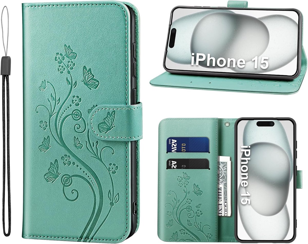 Hoes voor mobiele telefoon voor iPhone 15, voor iPhone 15 hoes met kaartenvak, geldvak stand, magneetsluiting, flip case, leren beschermhoes, mobiele telefoonhoes voor iPhone 15, Groen