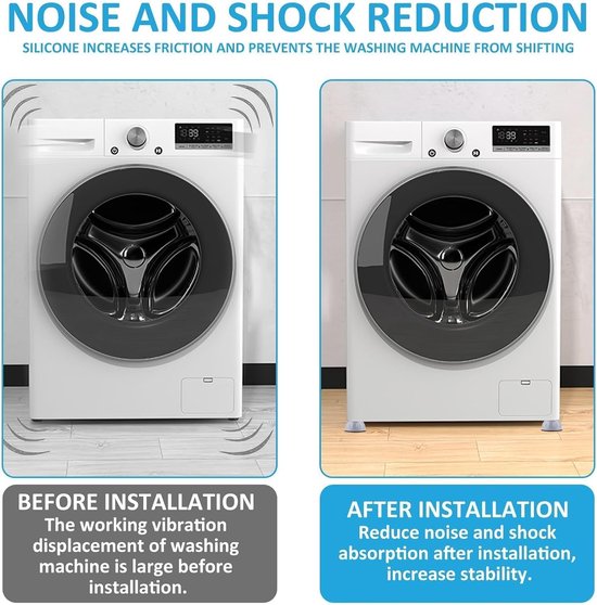 4 stuks anti-trillingspads voor wasmachine, groot formaat, geluidsreductie, antislip, verhoogd, bescherming van vloeren en apparaten, geschikt voor poten van 47 mm, eenvoudige installatie — afbeelding 4
