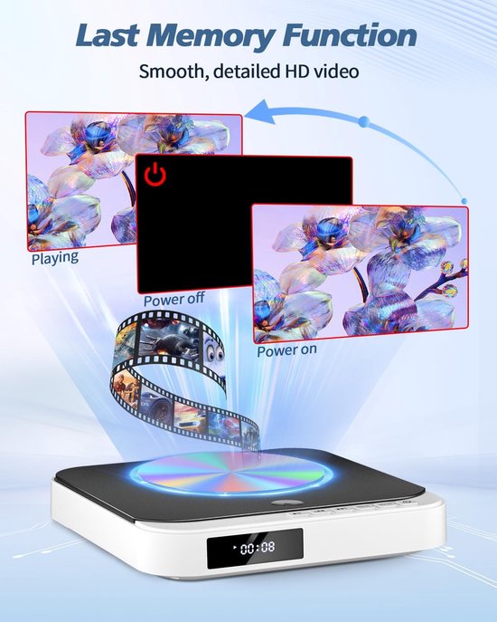 Mini-dvd-speler voor tv, kleine HDMI-dvd-speler voor alle regio's, breekpuntgeheugen (MD115W-04DE) — afbeelding 3