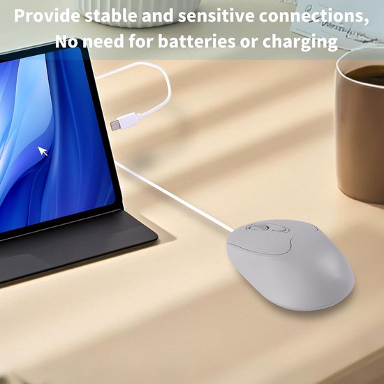Optische USB-C muis, 1,2 m kabel, instelbare DPI 1600/1200/800, elegant 4-knops design met USB-C-aansluiting, stil en ergonomisch voor MacBook, laptop, iPad, Surface, smartphones, grijs — afbeelding 4