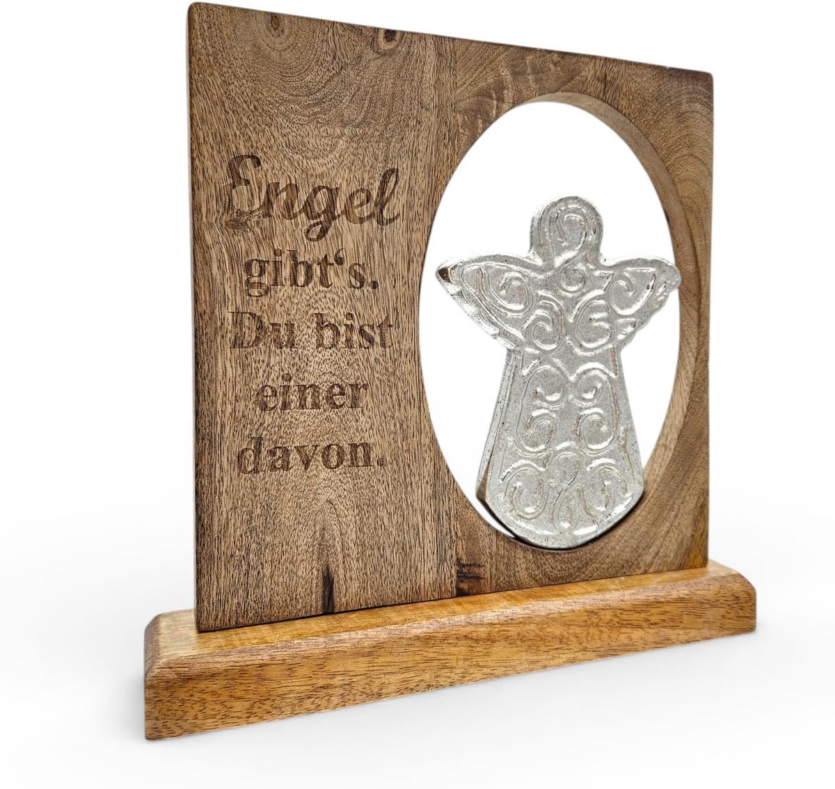 Decoratief bord engel met spreekblad mangohout metalen staander schild woonaccessoire hout
