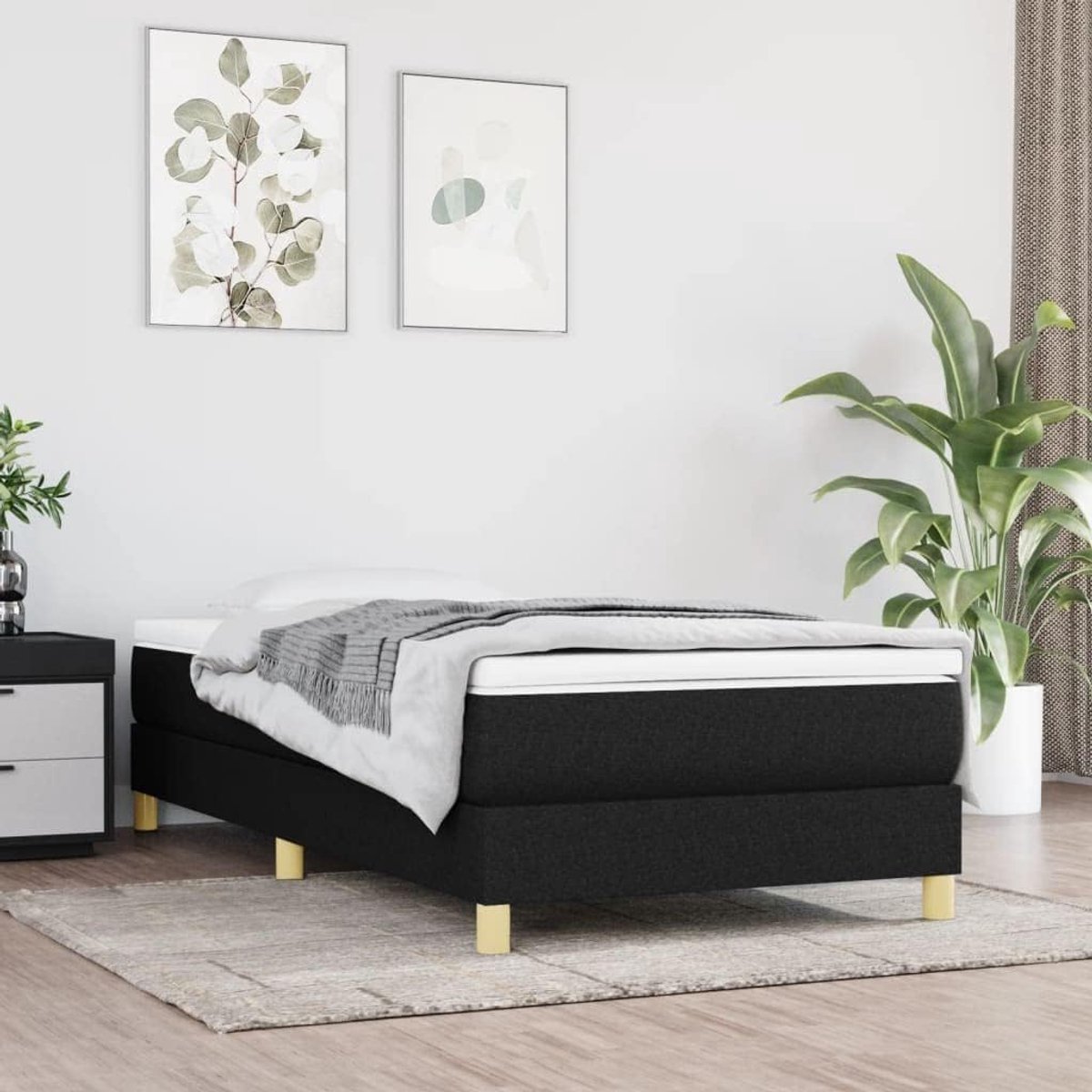 Bed 90x200 cm stof zwart stevig lattenbodem met verende ondersteuning stabiele bedframe voor slaapkamer gastenverblijf hotel