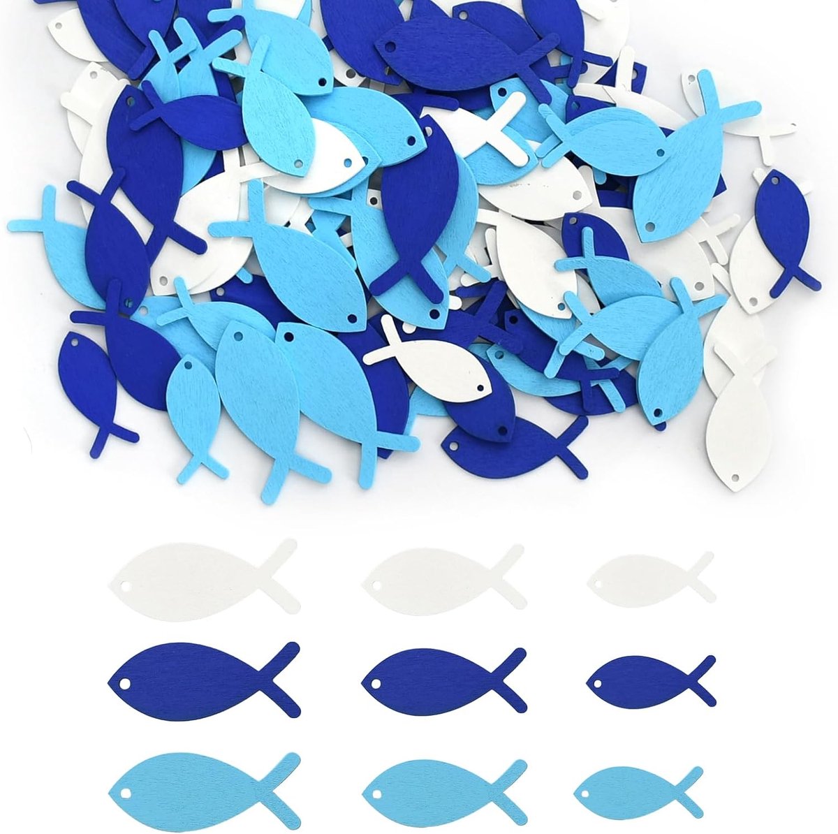 108 stuks houten visdecoratie, blauw wit, strooidecoratie voor doop, communie, vormsel, visdecoratie, tafeldecoratie van hout in 3 maten, knutselaccessoires voor religieuze feesten