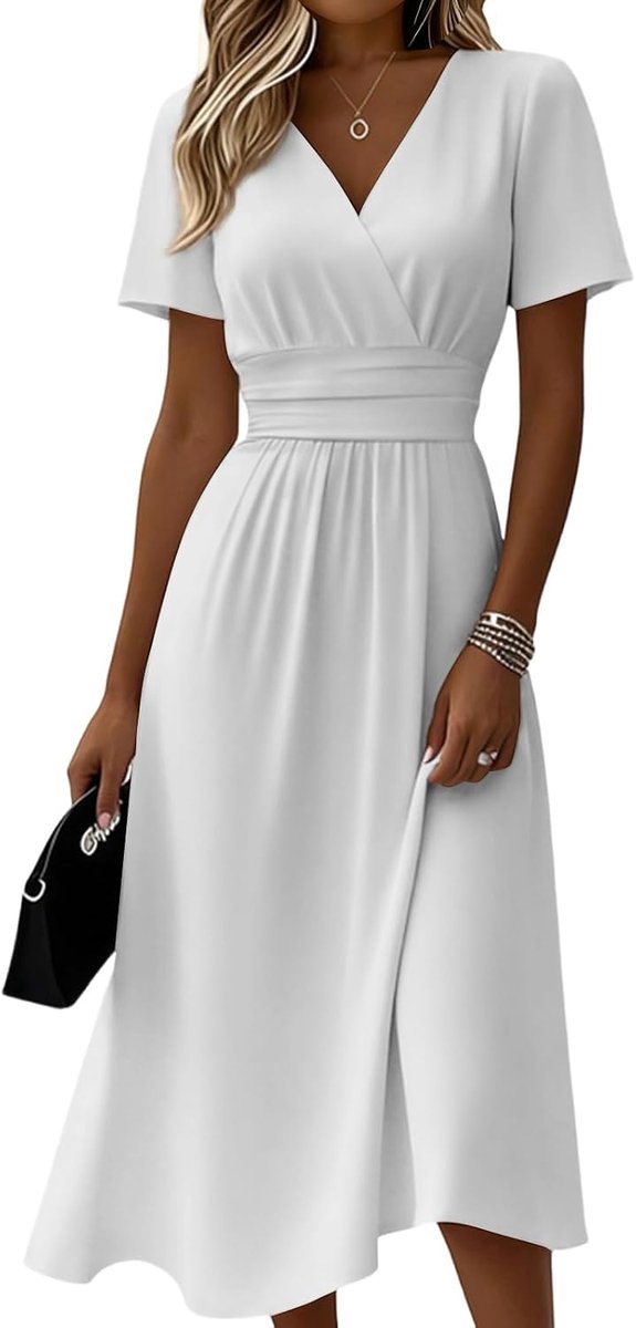 Kleider Damen Sommer Lang Tailliert Sommerkleid Damen Elegant Midi Kleid A Linie Festlich Curvy Sommerkleider Leicht Und Luftig Midikleid Frauen V Ausschnitt Kurzarm Strandkleid