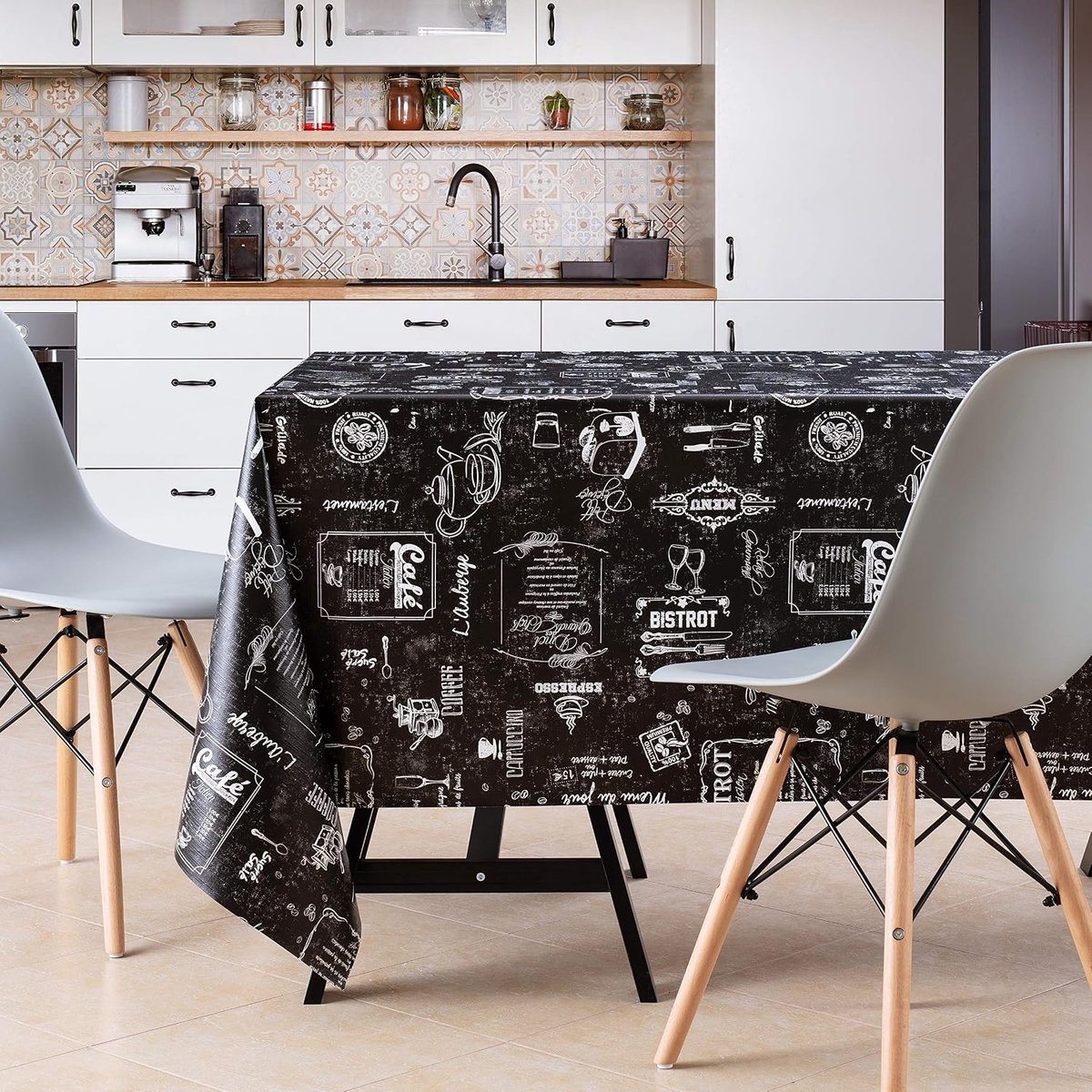 Tafelkleed met wit krijtbordpatroon, zwart, rechthoekig, 300 x 140 cm, duurzaam, afwasbaar, waterdicht, tafelzeil, pvc, retro, modern café-patroon