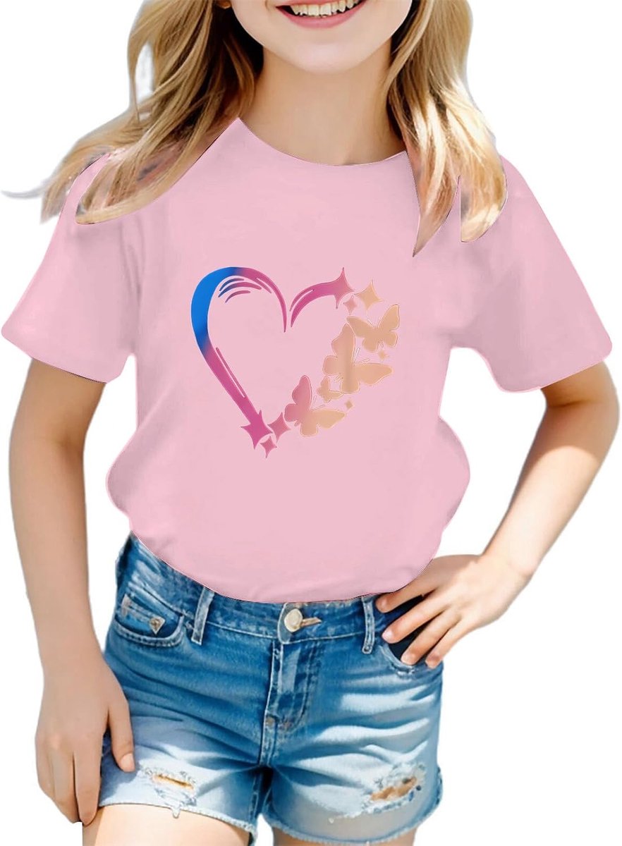 Mädchen T-Shirt Sommer Mode Herzen Druck Baumwolle Kurzarm, in vielen Farben erhältlich, Kinder Teenager Mädchen Rundhals Freizeit Shirts Tops Basic Kurzarm Tshirt für Mädchen 3-12 Jahre