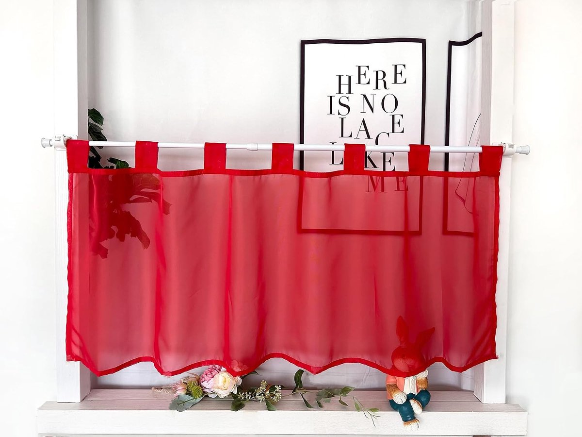 vitrage, voile kortgordijn met lussen, moderne bistrogordijn, transparant raamgordijn, kort gordijn, effen kleur, keukengordijn, HxB 60x145cm, rood, 1 stuk