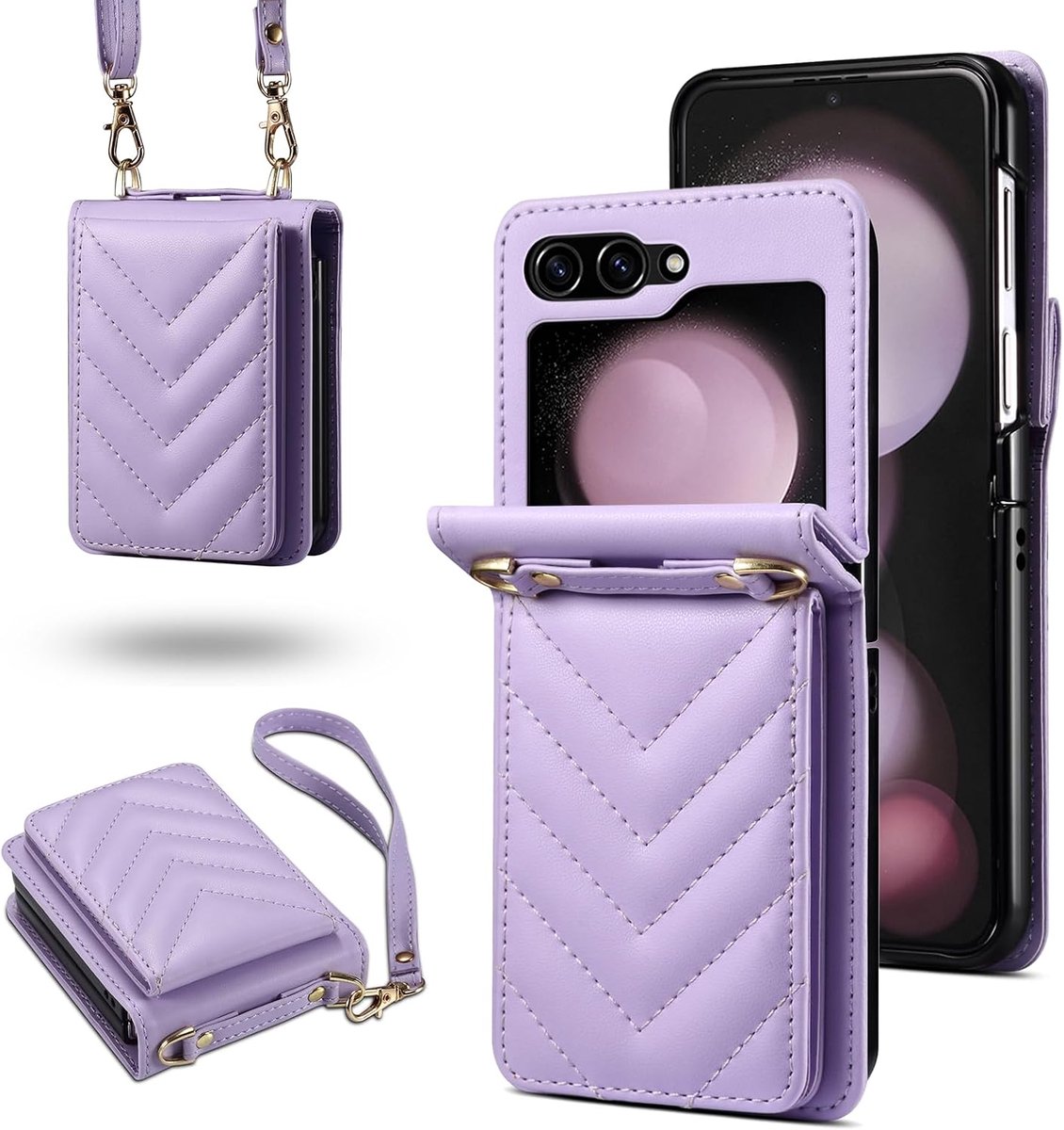 Beschermhoes voor Samsung Galaxy Z Flip 6, portefeuille, beschermhoes van PU-leer met afneembare en verstelbare riem, RFID-bescherming, diefstalbeveiliging, folio-beschermhoes paars