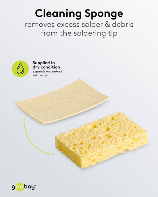 Gele schoonmaakspons voor soldeerbout, met de tekst 'Cleaning Sponge'.