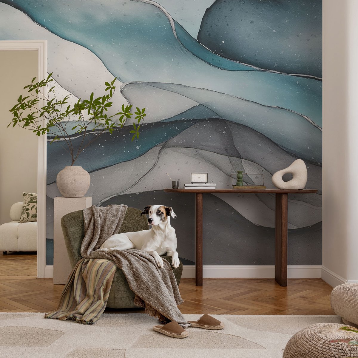 Coloray Vliesbehang - Blauw Snellijm Behang - 104x70 cm - Kleurrijke Golven Fotobehang Vlies - Woonkamer behang Texturen - Muurschildering - Hal behang