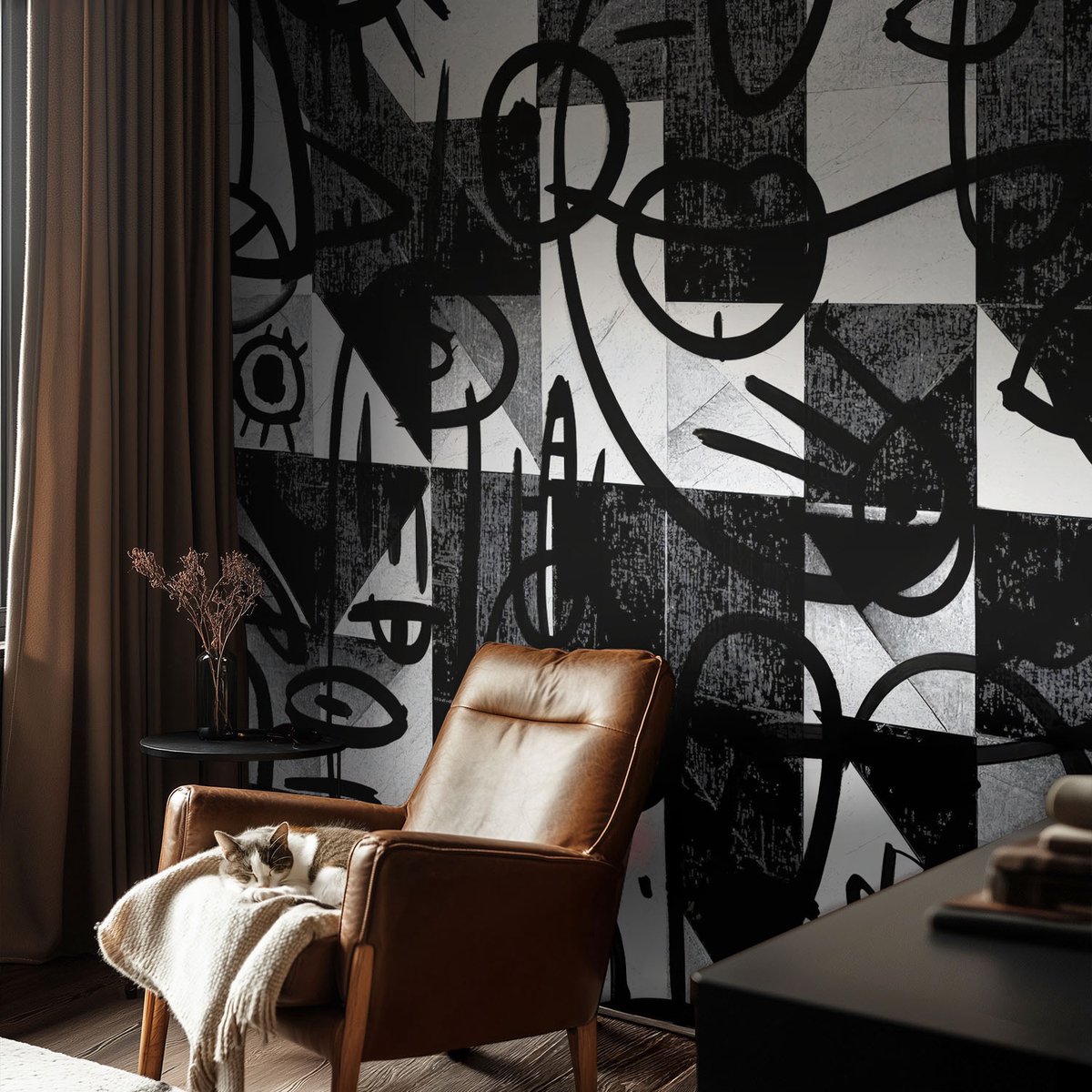 Coloray Vliesbehang - Zwart Snellijm Behang - 104x70 cm - Chaos Tekenen Muurschildering - Slaapkamer behang Abstractie - Fotobehang Vlies - Slaapkamer behang