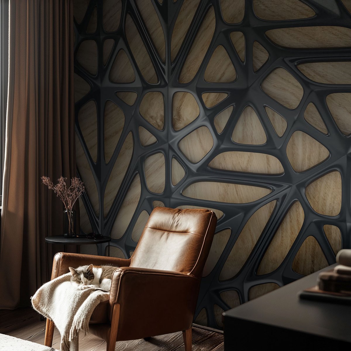 Coloray Vliesbehang - Beige Snellijm Behang - 104x70 cm - Houten Net Fotobehang Vlies - Hal behang Abstractie - Muurschildering - Woonkamer behang