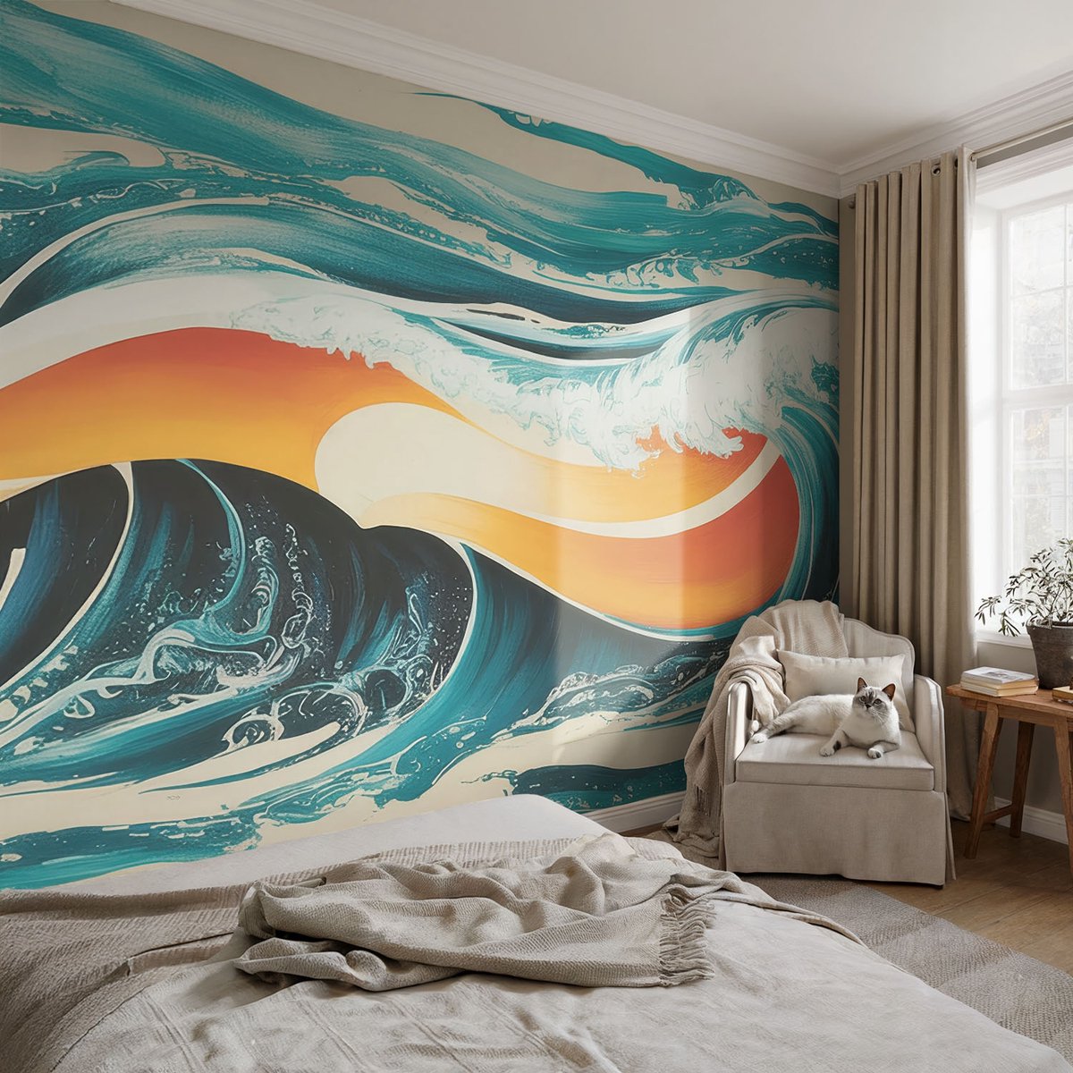 Coloray Vliesbehang - Turkoois Snellijm Behang - 104x70 cm - Abstracte Golven Muurschildering - Slaapkamer behang Deel - Fotobehang Vlies - Slaapkamer behang