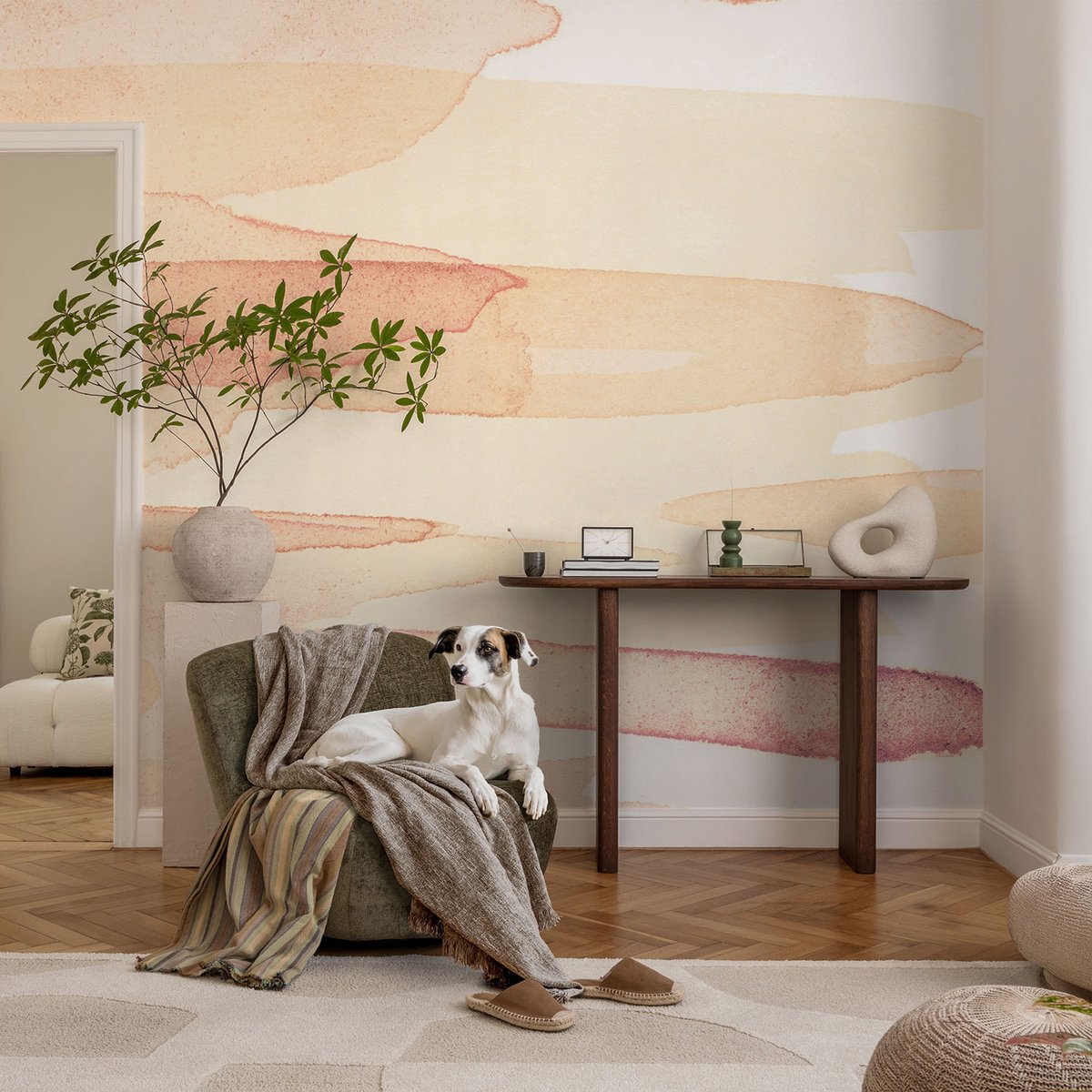 Coloray Vliesbehang - Beige Snellijm Behang - 104x70 cm - Pastelstreken Muurschildering - Slaapkamer behang Abstractie - Fotobehang Vlies - Slaapkamer behang