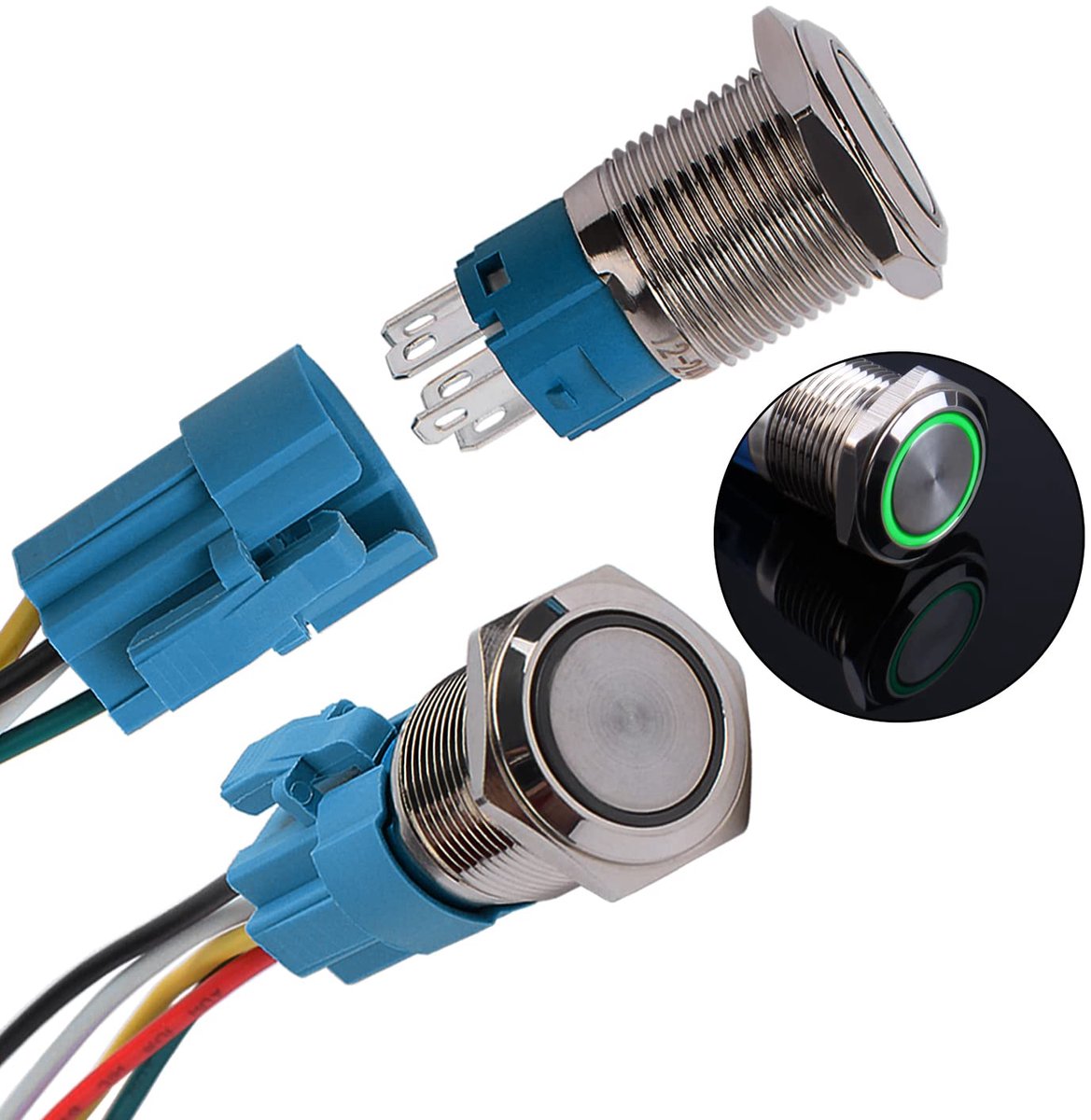 2× 16 mm 12 V tot 24 V 3 A vergrendeling, drukschakelaar, metaal, blijvend AAN/UIT schakelaar met LED-licht, IP66, 1NO1NC, zelfvergrendelend, waterdicht, voorgekabelde drukknop schakelaar voor