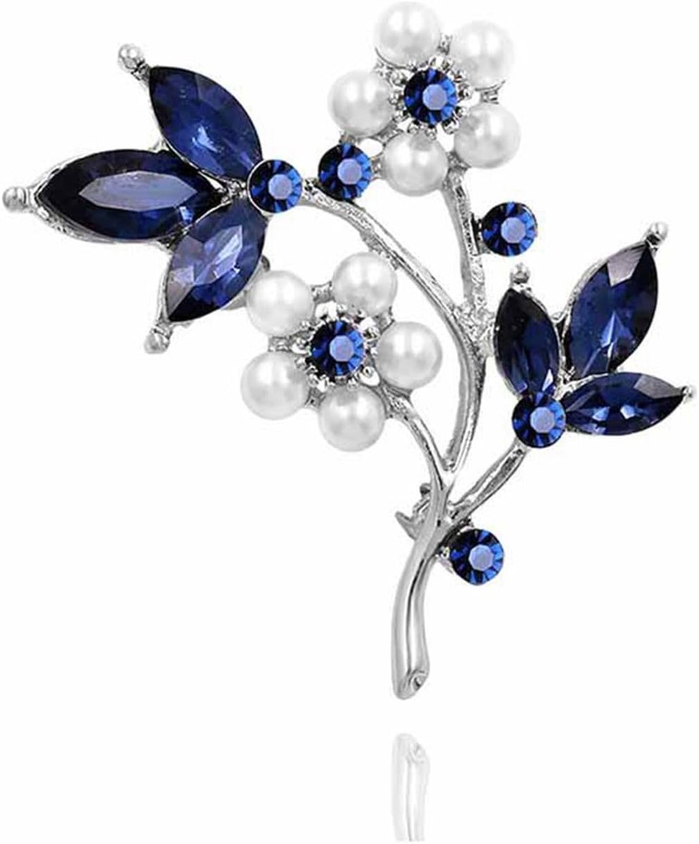 Broche met kristallen parels en bloemen, blauwe kristallen bloemblaadje, pin, kleine parel, pruim, bossom broche, klassieke plant, bloemen, corsage, broche, kleding, accessoires, sieraden
