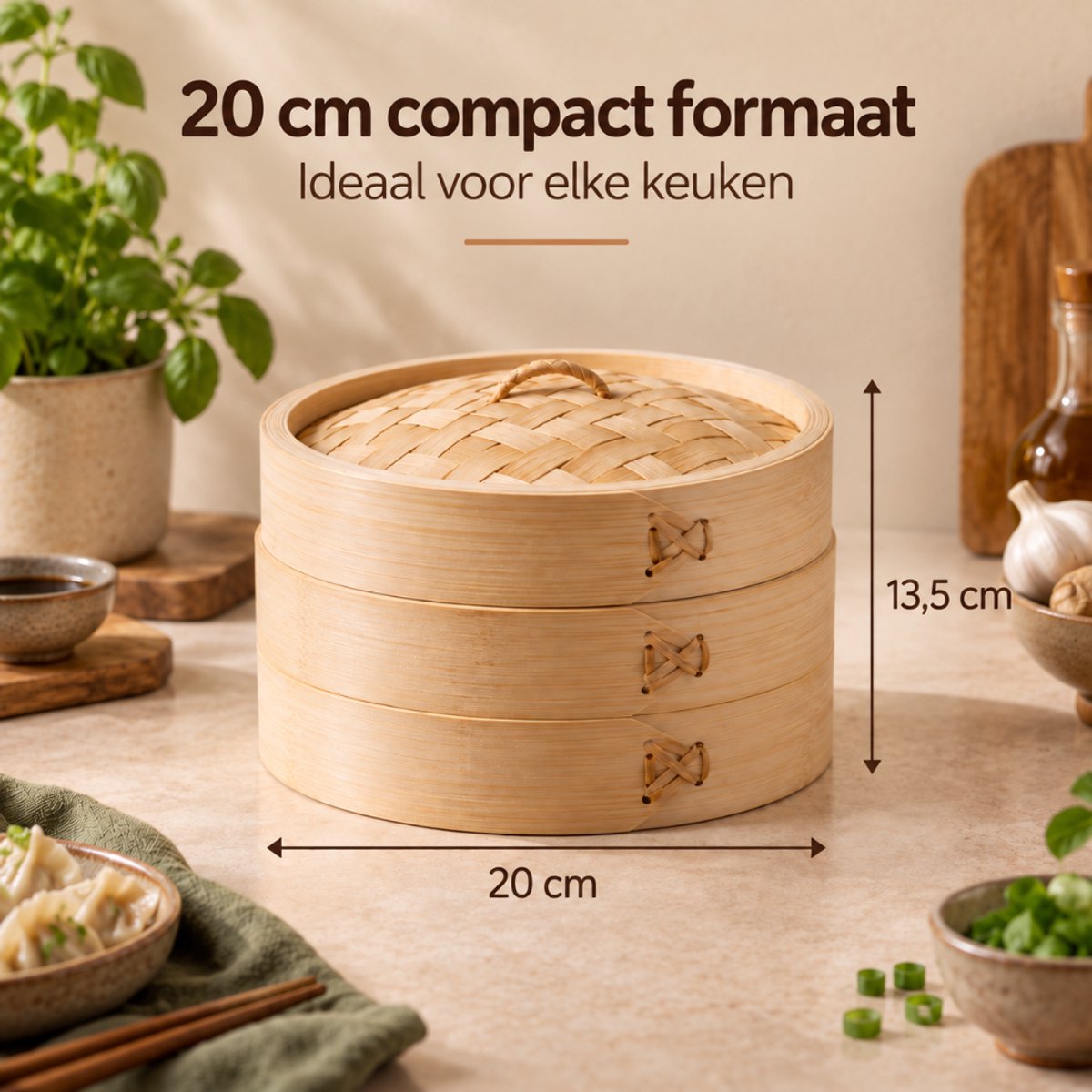 Tomec® Stoommand Bamboe 3-delig – Stoommandje en Stomer voor Dumplings, Dim Sum, Rijst en Groente — cadeau in Kookcadeaus - foto 8