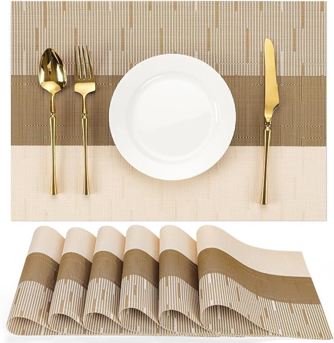 Livatto Placemats set van 6 – wasbare tafelmatten met geweven structuur, hittebestendig en waterafstotend, crème