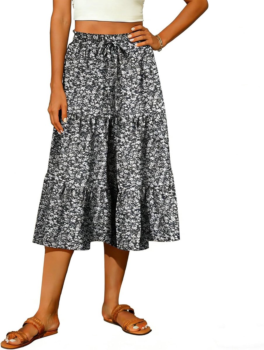 Midirok voor dames, elegante bloemenrok, hoge taille, A-lijn, rok, zomer, strandrok, vrijetijdsrok, effen rok