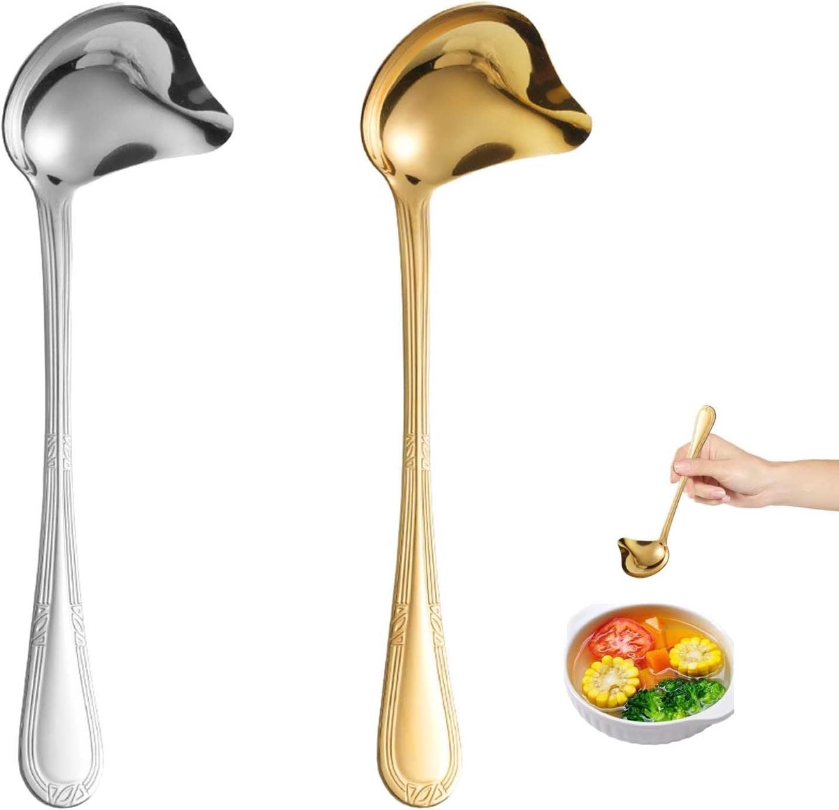 Stalen Sauslepel Set van 2 – Goud en Zilver – 22 cm – Moderne Keuken Lepels – Ergonomisch Handvat – Glanzend Design voor Dagelijks Koken