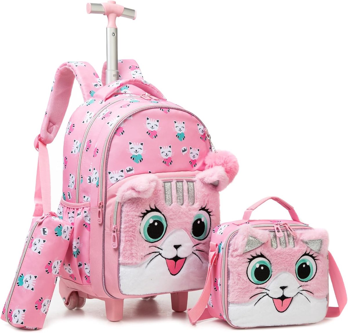 Kinderrugzak met wieltjes voor meisjes, voor schooltrolley, kinderkoffer, Pink-0121-maorong-mao, 17"