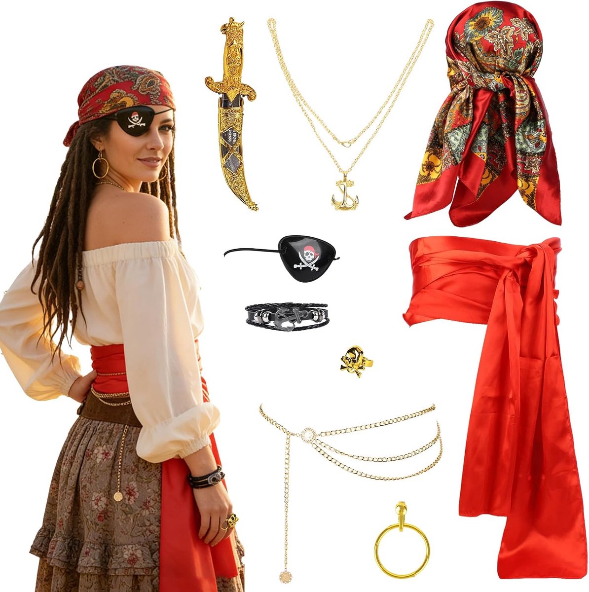 Piratenkostuum voor volwassenen, uniseks, piratenkostuum, met riem/piratenbandana, oogmasker,