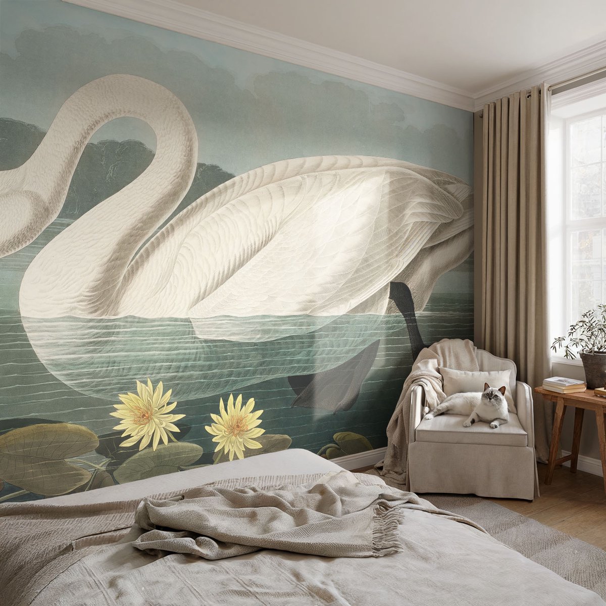 Coloray Vliesbehang - Wit Snellijm Behang - 104x70 cm - Zwaan En Waterlelies Fotobehang Vlies - Hal behang Dieren - Muurschildering - Woonkamer behang