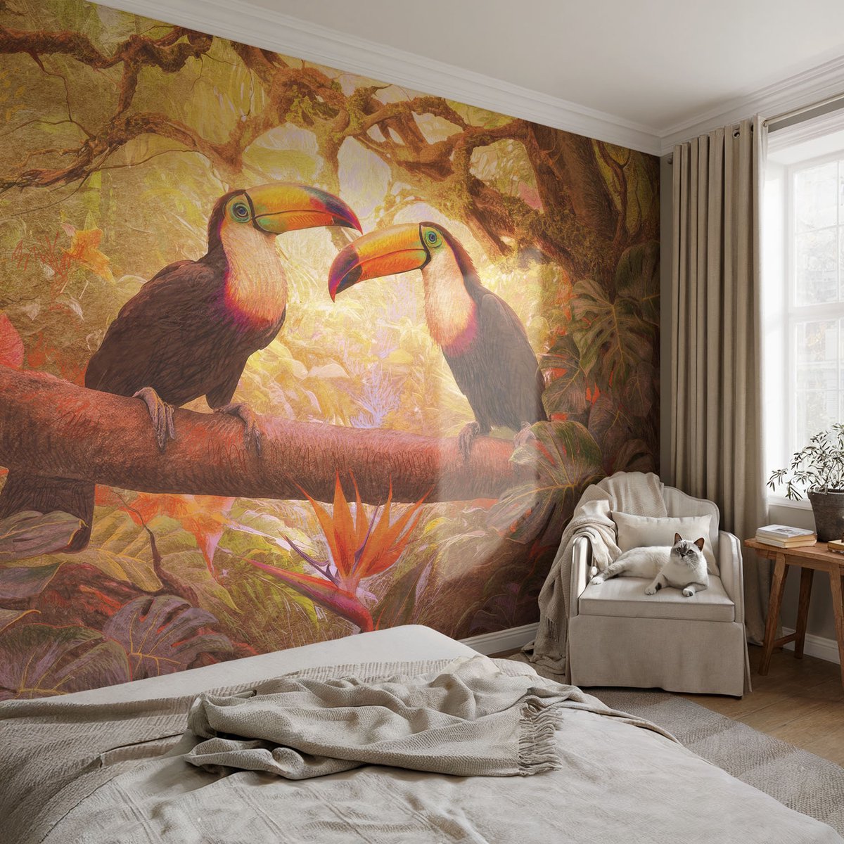 Coloray Vliesbehang - Bruin Snellijm Behang - 104x70 cm - Kleurrijke Toekans Muurschildering - Slaapkamer behang Dieren - Fotobehang Vlies - Slaapkamer behang