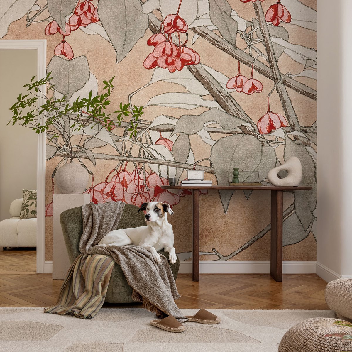 Coloray Vliesbehang - Bruin Snellijm Behang - 104x70 cm - Bloemenharmonie Fotobehang Vlies - Hal behang Bloemen En Planten - Muurschildering - Woonkamer behang