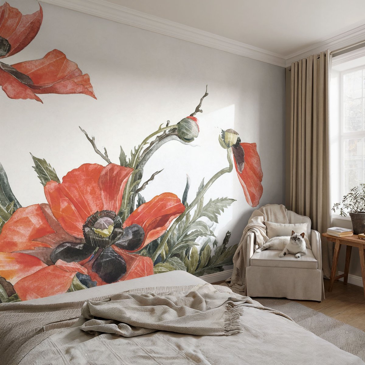 Coloray Vliesbehang - Rood Snellijm Behang - 104x70 cm - Rode Klaprozen Muurschildering - Slaapkamer behang Bloemen En Planten - Fotobehang Vlies - Gang behang