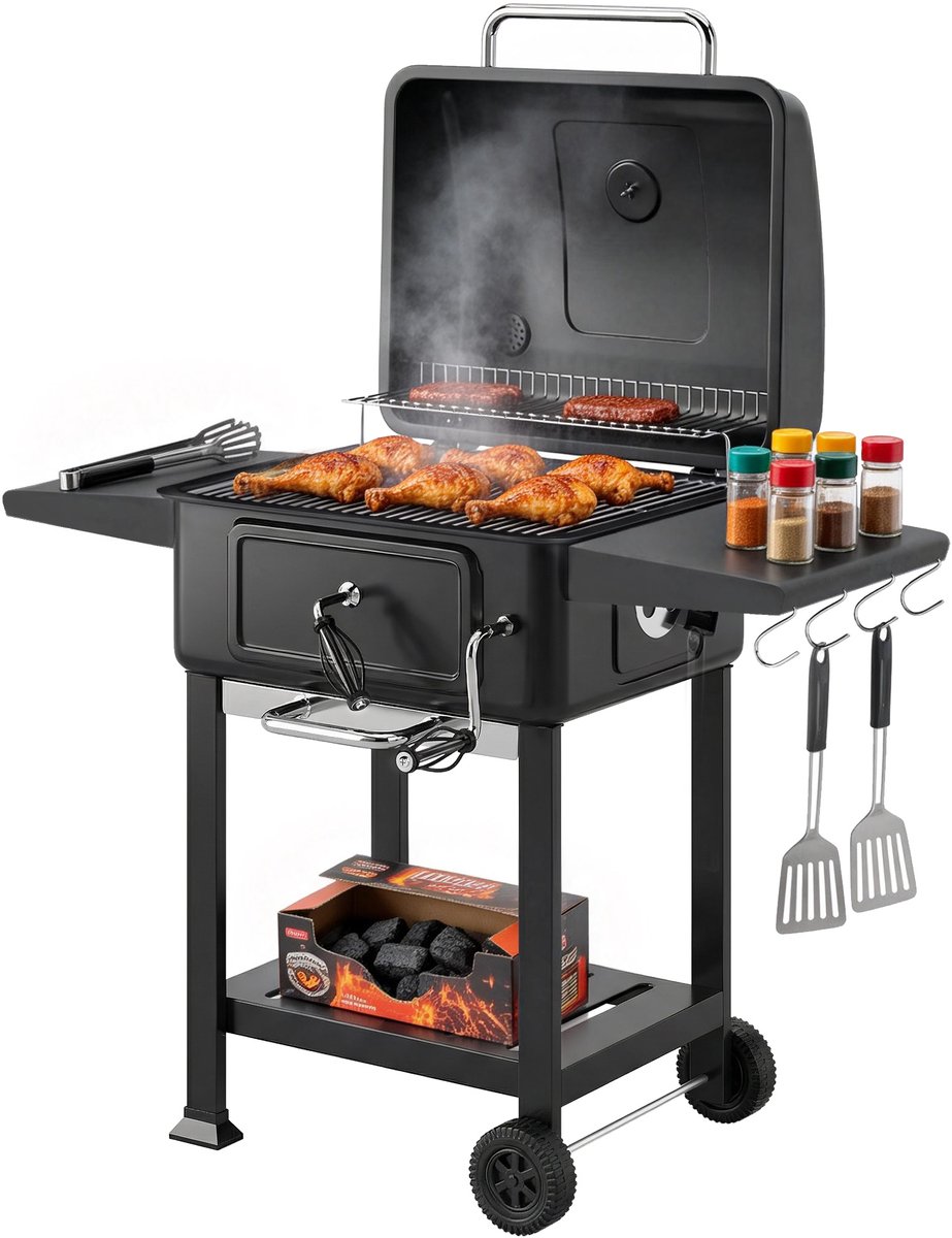 Houtskoolgrill/barbecue met deksel-thermometer-in hoogte verstelbare houtskoolbak-schoorsteen-grillrooster-bijzettafel en aslade.
