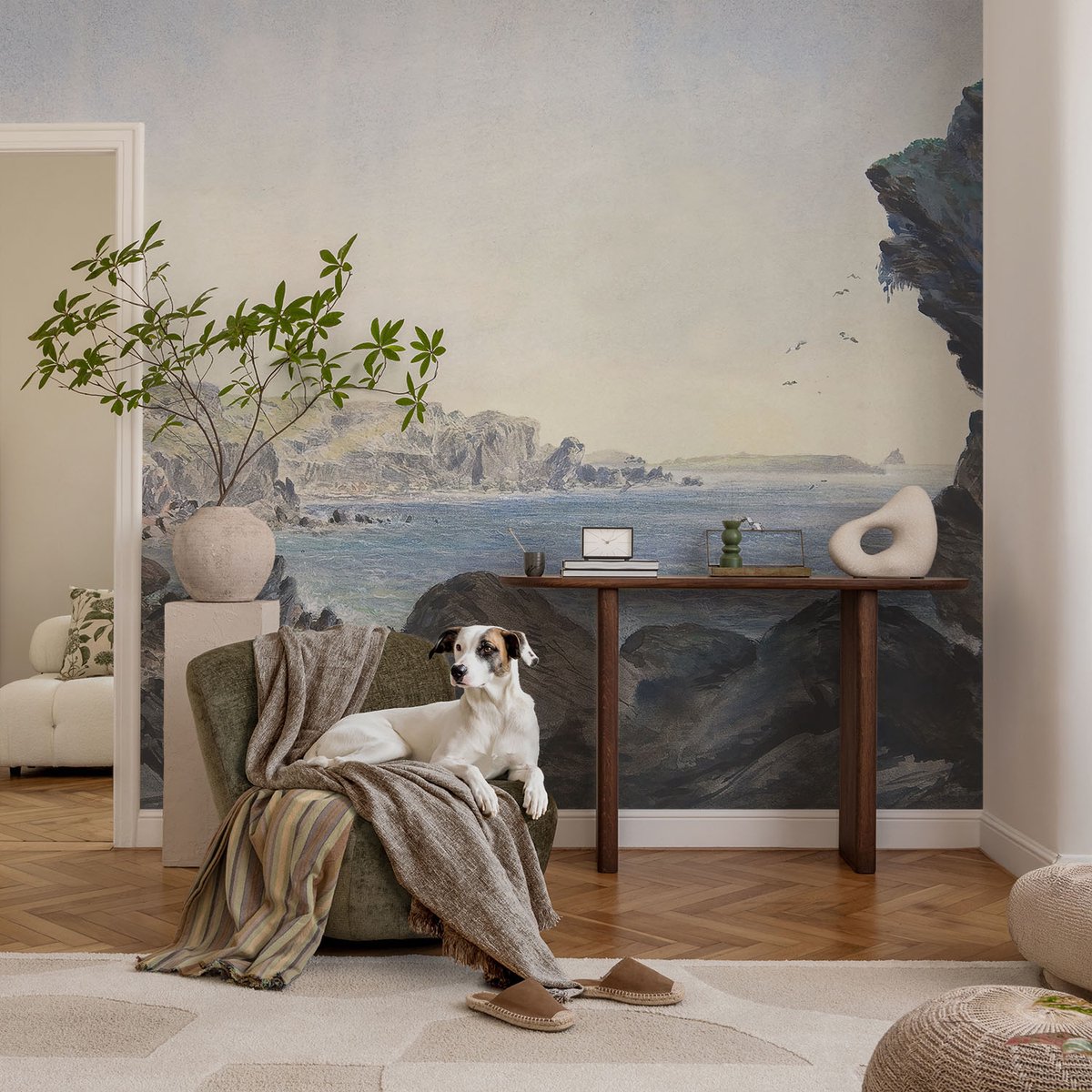 Coloray Vliesbehang - Grijs Snellijm Behang - 104x70 cm - Een Rustige Kust Fotobehang Vlies - Woonkamer behang Landschappen - Muurschildering - Hal behang