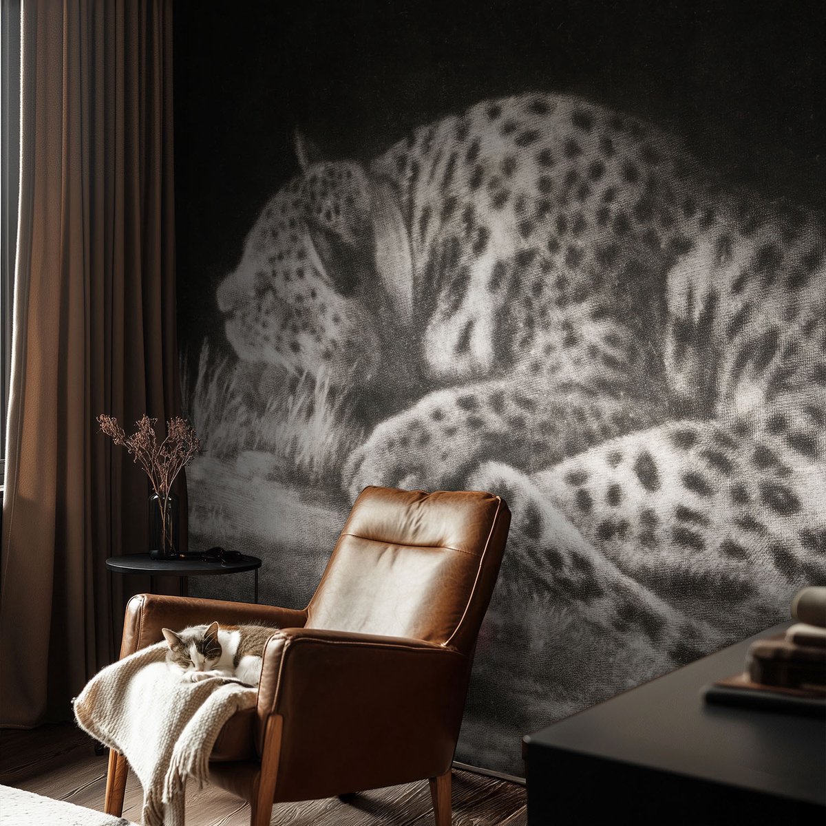 Coloray Vliesbehang - Zwart-Wit Snellijm Behang - 104x70 cm - Luipaard Rustend Muurschildering - Slaapkamer behang Dieren - Fotobehang Vlies - Slaapkamer behang