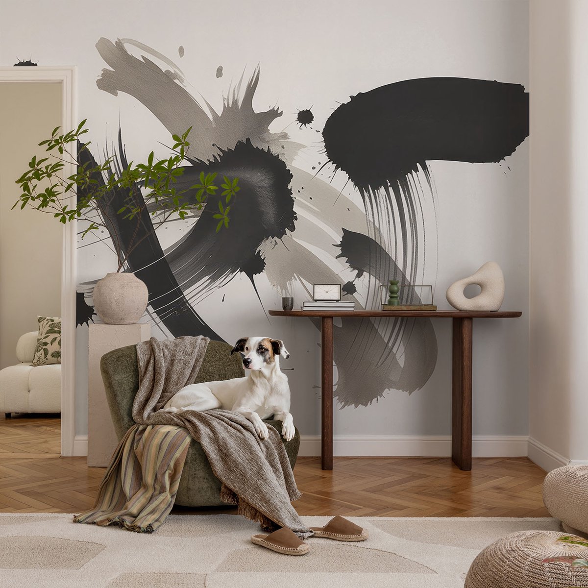 Coloray Vliesbehang - Zwart Snellijm Behang - 104x70 cm - Abstracte Uitdrukking Fotobehang Vlies - Hal behang Abstractie - Muurschildering - Woonkamer behang