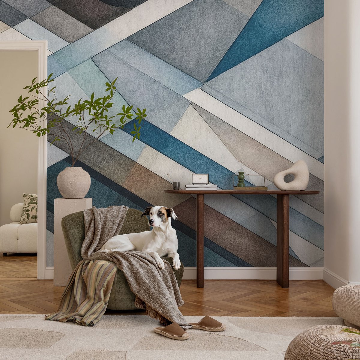 Coloray Vliesbehang - Blauw Snellijm Behang - 104x70 cm - Abstracte Geometrie Fotobehang Vlies - Hal behang Geometrie - Muurschildering - Hal behang