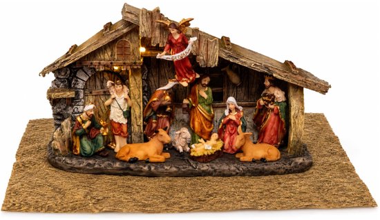Verlichte kerststal - 17 x 8 x 31 cm - compleet - met beeldjes - woestijn achtergrond