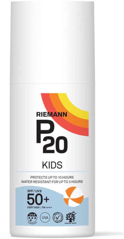 RIEMANN P20 KIDS zonnebrandcrème, SPF 50+, in een witte pompflacon.