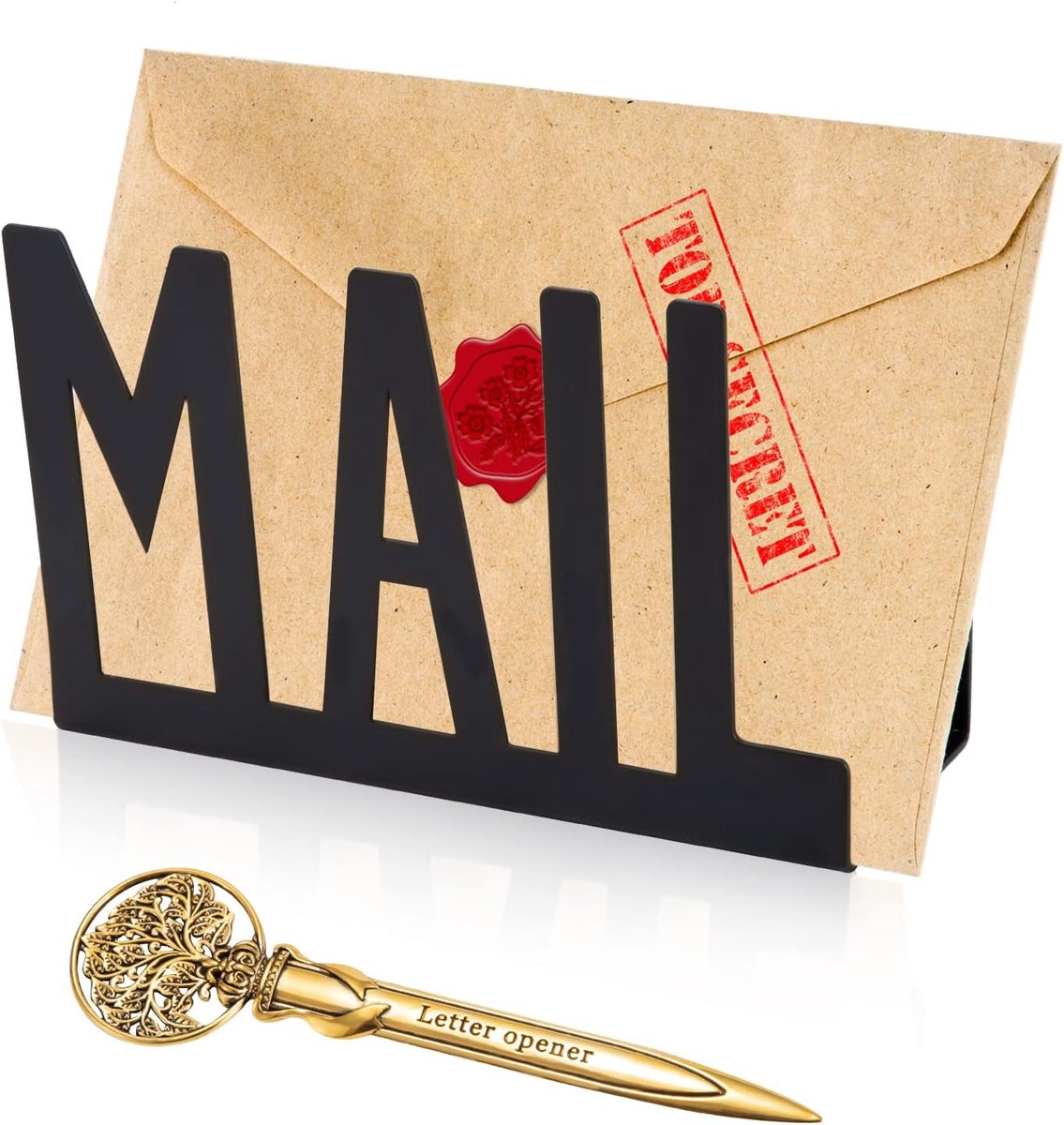 Brievenhouder van metaal, zwart, brievensorteerder met retro brievenopener, bureau-organizer voor post, enveloppen en documenten