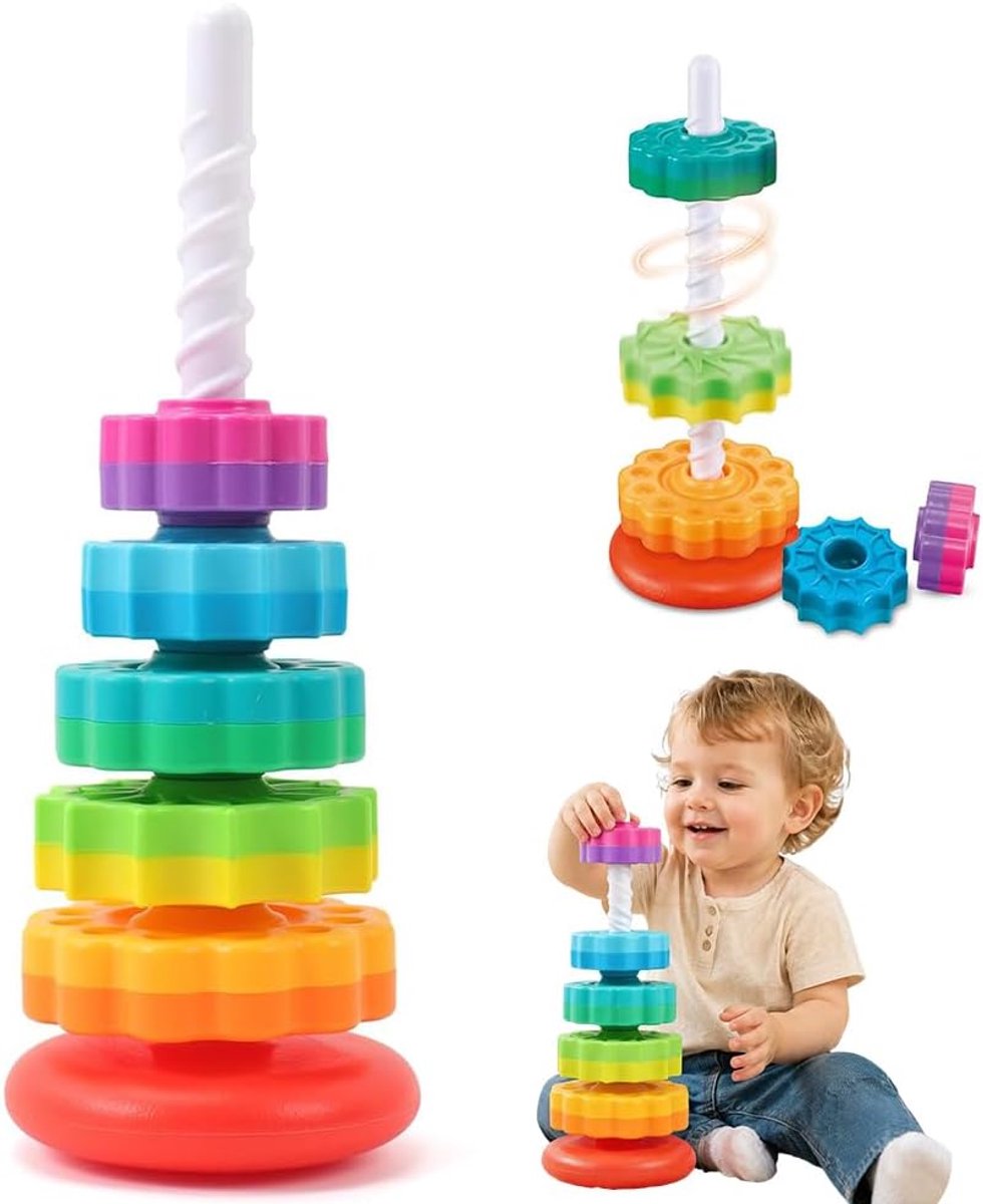 Regenboogtoren, regenboog stapelringen voor baby's jaar, regenboogtoren, stapelspel met spiraaldraad, bouwt sensorisch en motorisch, cadeau voor baby's, jongens en